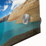 Large abstract wall art depicting a vibrant, colorful Nepalese landscape on acrylic glass, ideal for dining room art.