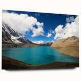 Large abstract wall art featuring a serene Nepalese landscape in muted green and blue hues on acrylic glass.