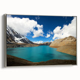 Framed canvas depicting a vintage-style landscape art painting of a Nepalese scenery in colorful hues.