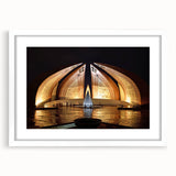 Abstract art print of a serene Pakistani landscape in muted green and blue tones, framed with a white mat.