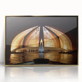 Large acrylic print of a serene Pakistani landscape in gold and green tones, framed, mid-century modernist style.