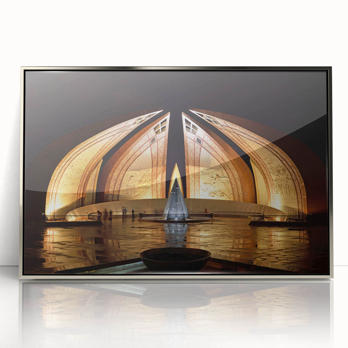 Mid-century modernist art depicting a serene Pakistani landscape in muted earth tones, framed in silver acrylic.
