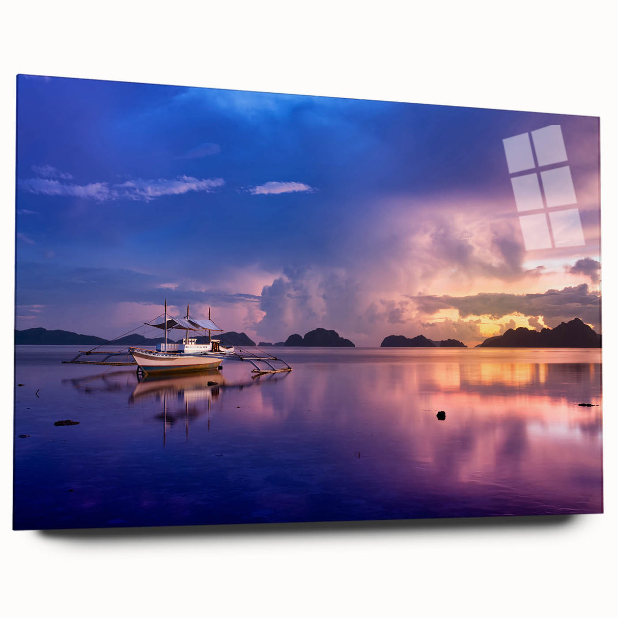 Large abstract wall art of a Philippine landscape in vibrant blue and green tones on acrylic glass.