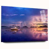 Large abstract wall art of a Philippine landscape in vibrant blue and green tones on acrylic glass.