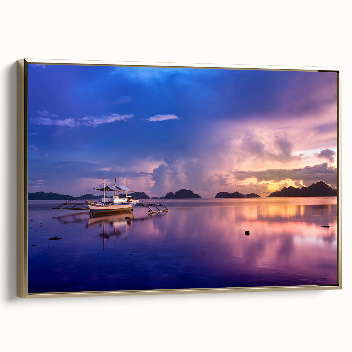 Framed canvas featuring a vintage-style landscape painting of a Philippine scenery in black and gold.