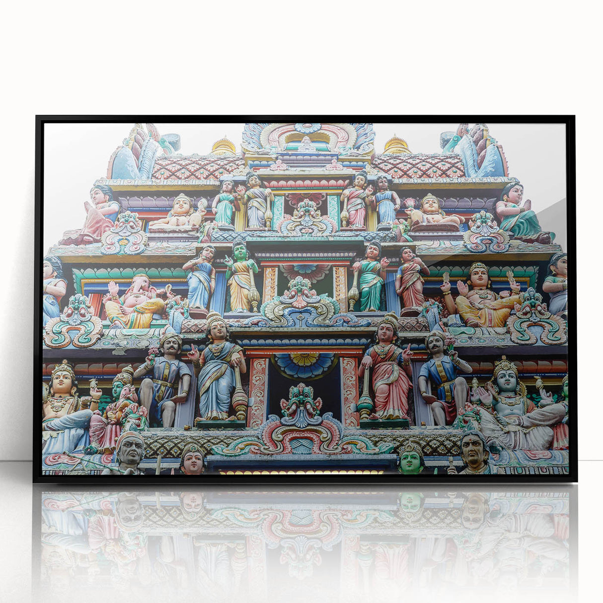 Large abstract wall art of Singapore skyline in muted gray and blue tones, framed acrylic print.