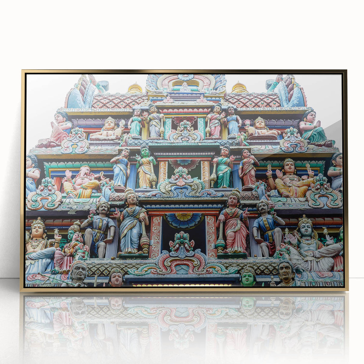 Acrylic print of Singapore skyline with gold frame, featuring mid-century modernist style, ideal for modern art wall decor.