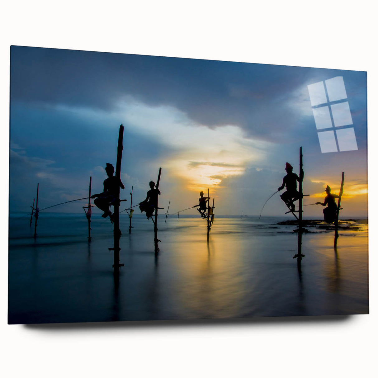 Large abstract wall art of a serene Sri Lankan landscape in soft green and blue tones on acrylic glass.