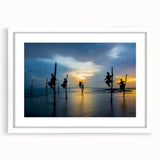 Abstract art print depicting a serene Sri Lankan landscape in muted green and blue tones, framed with a white mat.