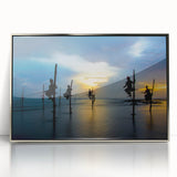 Mid-century modernist art of a Sri Lankan landscape in muted earth tones on a framed acrylic print.