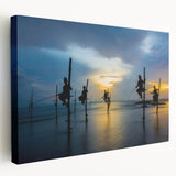 Stretched canvas depicting a serene Sri Lankan landscape in muted green and blue tones, ideal for kitchen wall art.