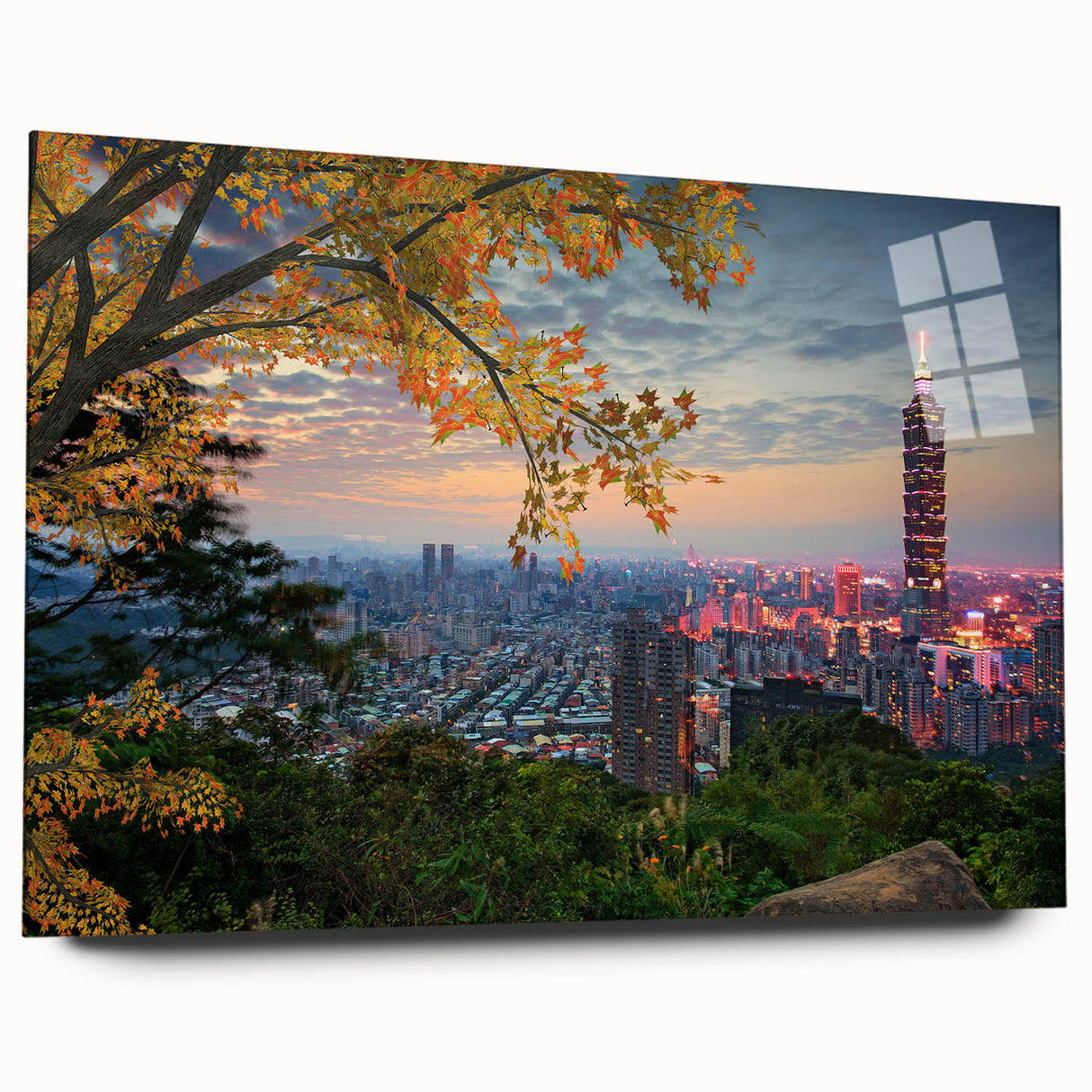 Large abstract wall art of a Taiwan scenery in muted earth tones on acrylic glass, ideal for bedroom or dining room decor.