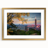 Extra large abstract art print of a textured Taiwanese landscape in muted earth tones, framed in gold.