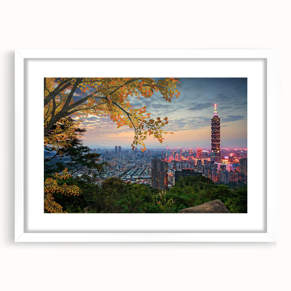 Abstract art print of a Taiwanese landscape in muted earth tones on a framed white canvas, suitable for dining room decor.