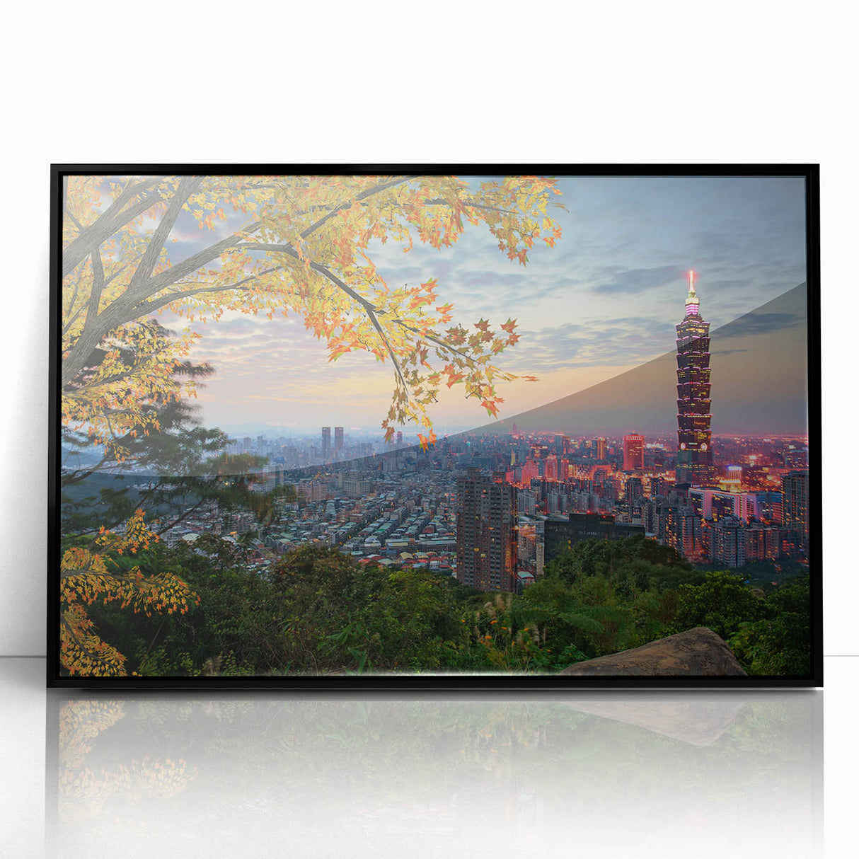 Large abstract wall art depicting a Taiwan scenery in muted earth tones on a framed acrylic, ideal for modern art wall decor.