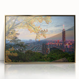 Large art print featuring a mid-century modernist scenery of Taiwan in gold hues on framed acrylic.