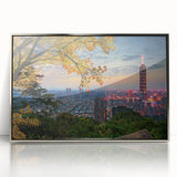 Mid-century modernist art depicting a serene Taiwanese landscape in muted earth tones, silver-framed acrylic print.