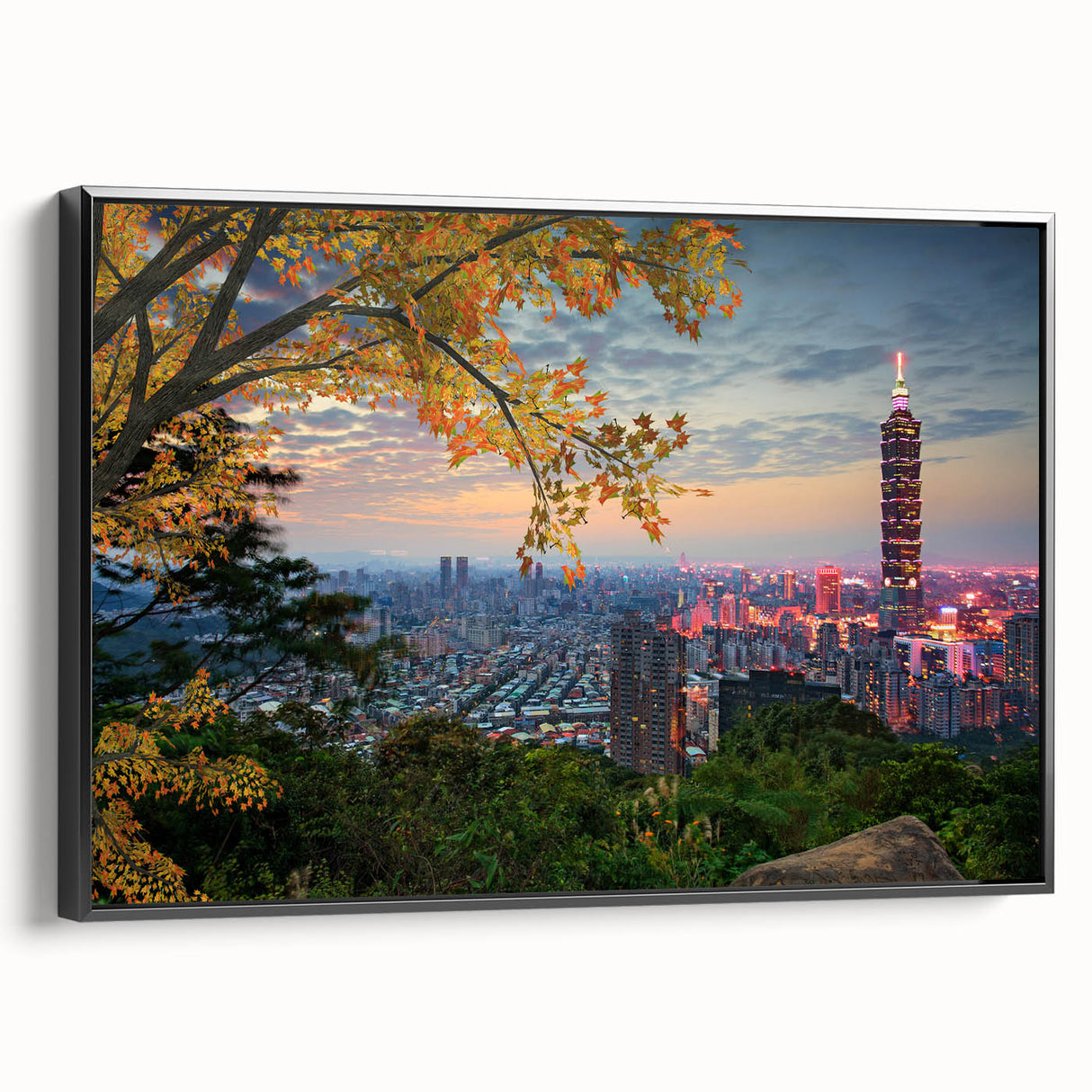 Black and white framed canvas of a vintage Taiwanese landscape, ideal for bedroom wall decor.