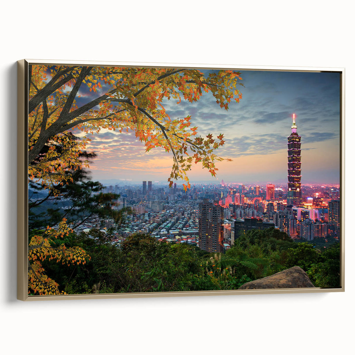 Framed canvas depicting a vintage-style Taiwanese landscape in muted gold and black tones, ideal for bedroom wall art.