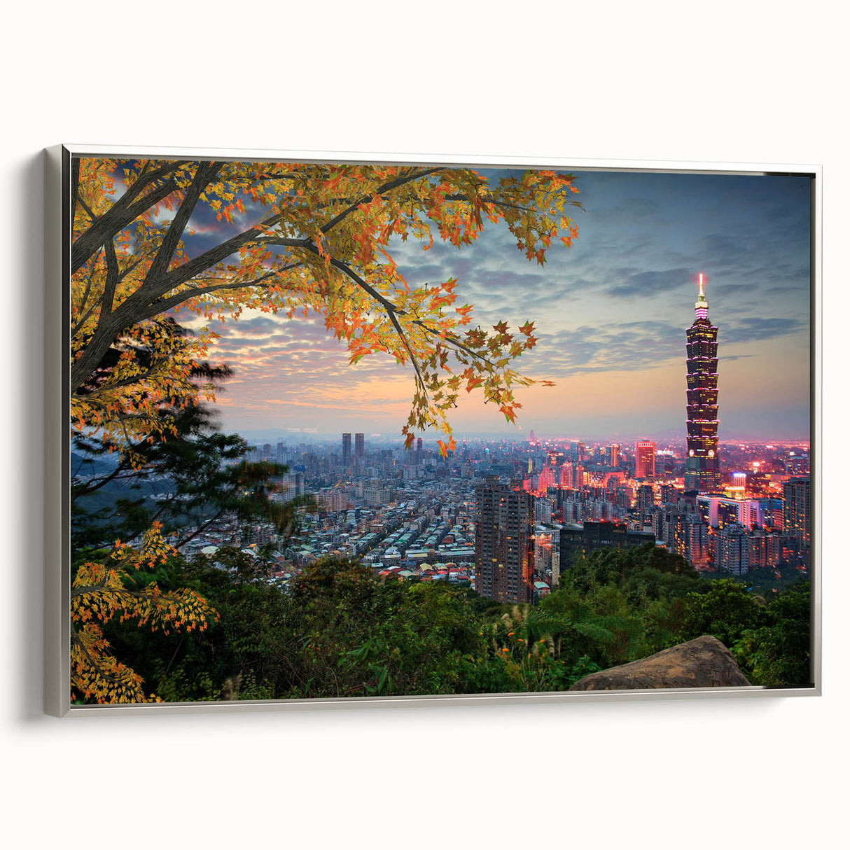 Landscape art painting of a Taiwanese scenery on a framed canvas, featuring colorful art with predominant black tones.