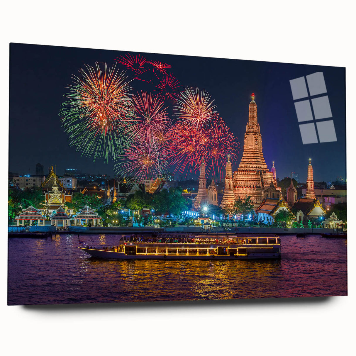 Large abstract wall art of Bangkok skyline in muted gray and blue tones on acrylic glass.
