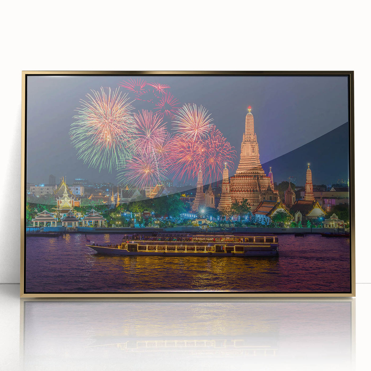 Framed acrylic print of Bangkok skyline with gold and blue tones, ideal for modern art wall decor.