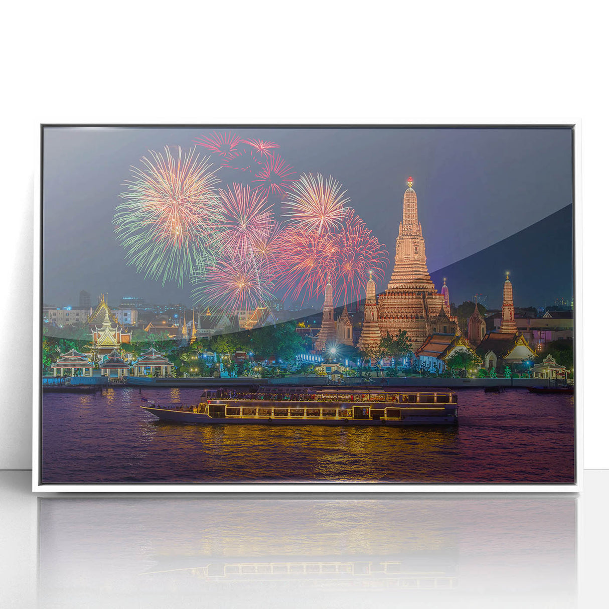 Art deco poster of Bangkok skyline in muted gold and white tones on framed acrylic, suitable for modern art wall decor.