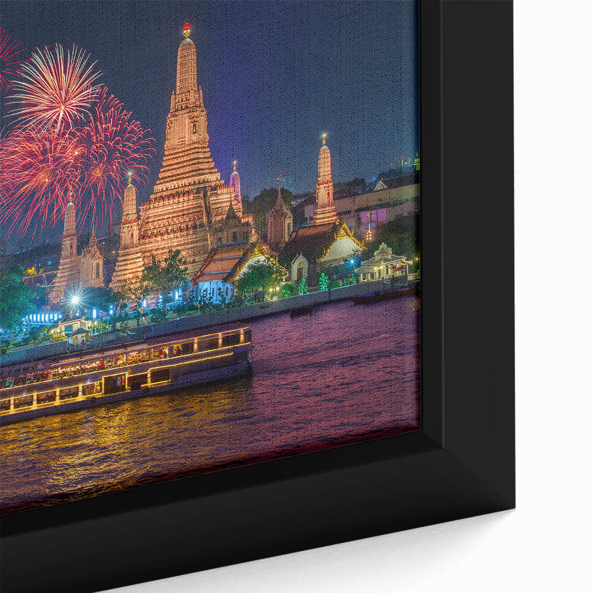 Extra large framed canvas featuring a textured depiction of Bangkok's skyline in black with colorful accents.