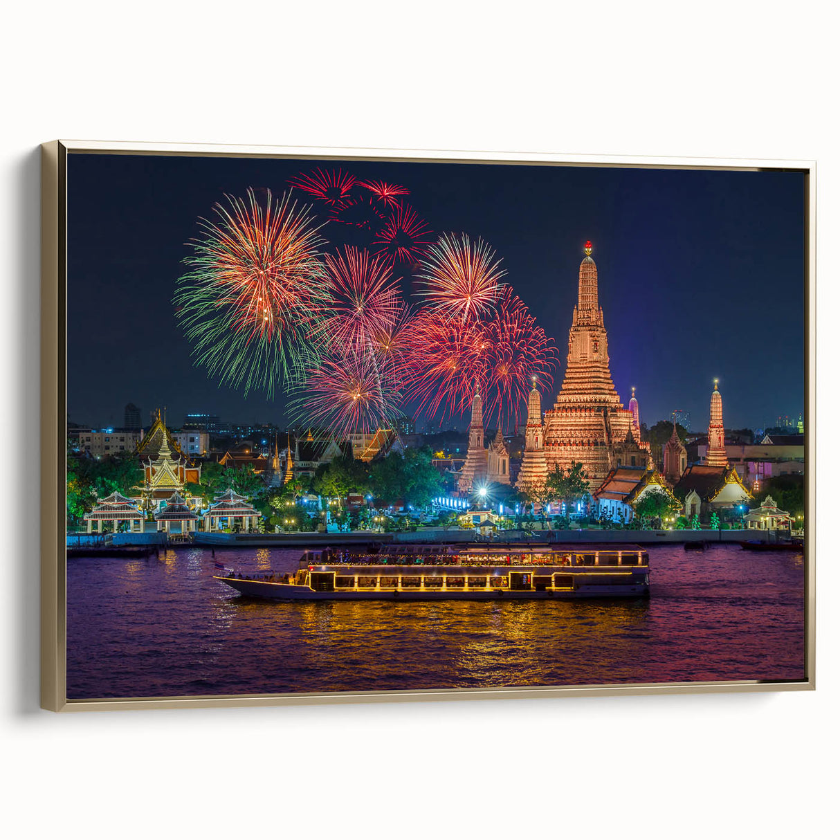 Framed canvas of a vintage Bangkok landscape in black and gold tones, ideal for bedroom wall art.