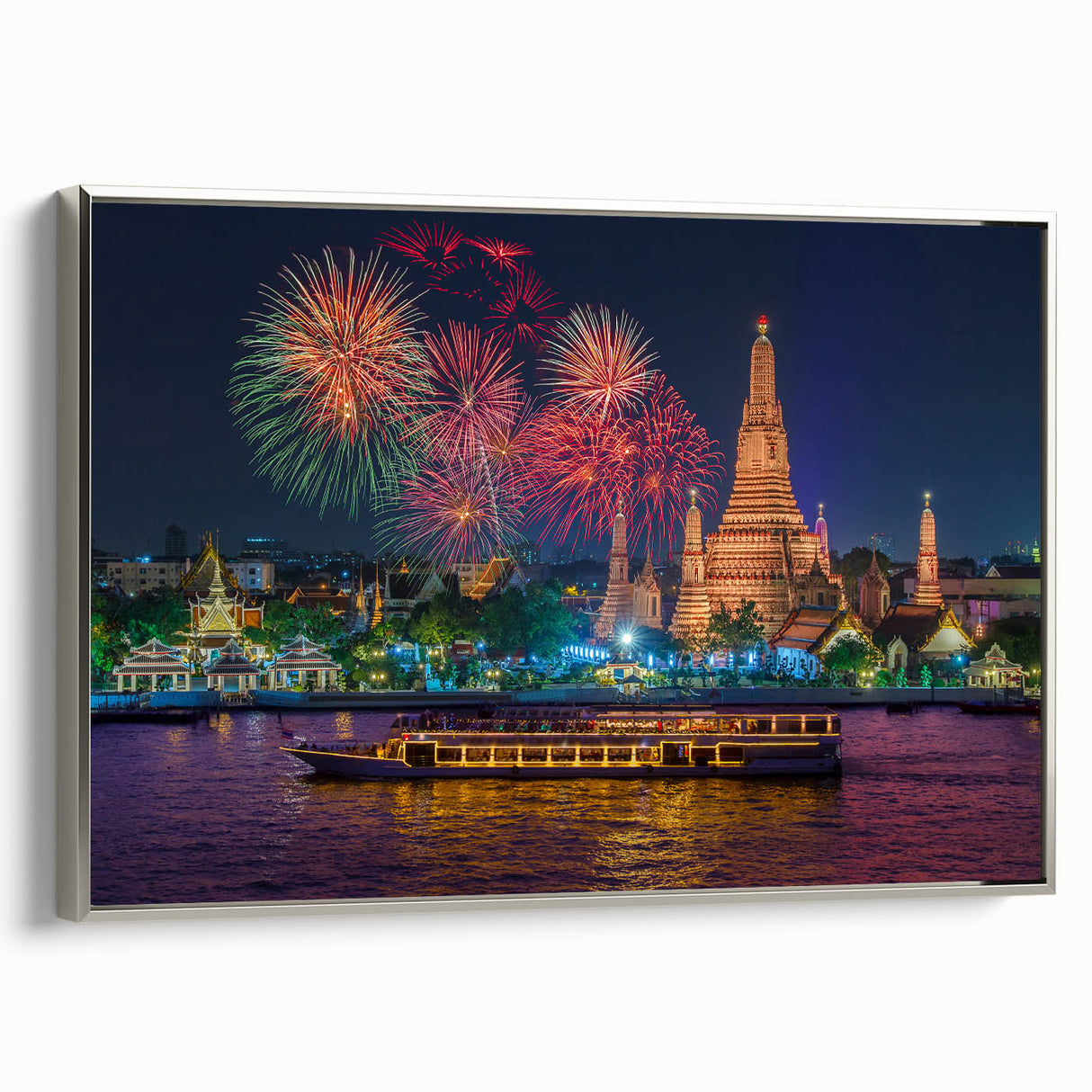 Landscape art painting of Bangkok featuring colorful art on black framed canvas, ideal for modern living room decor.