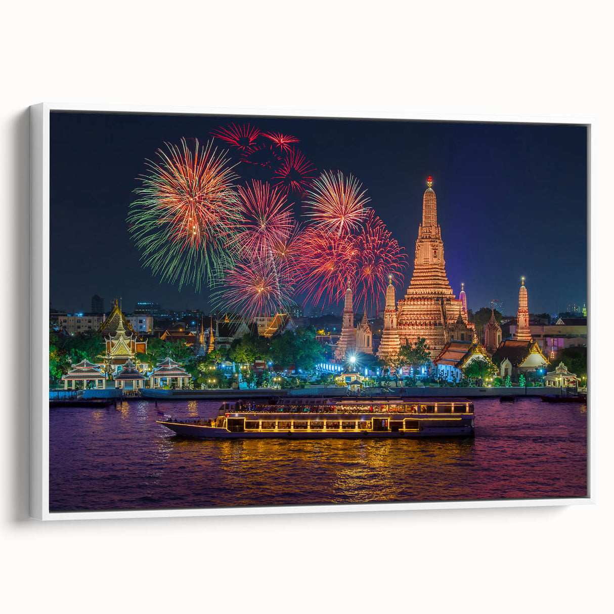 Vintage poster art of Bangkok scenery on extra large framed canvas, featuring colorful art on a black background.