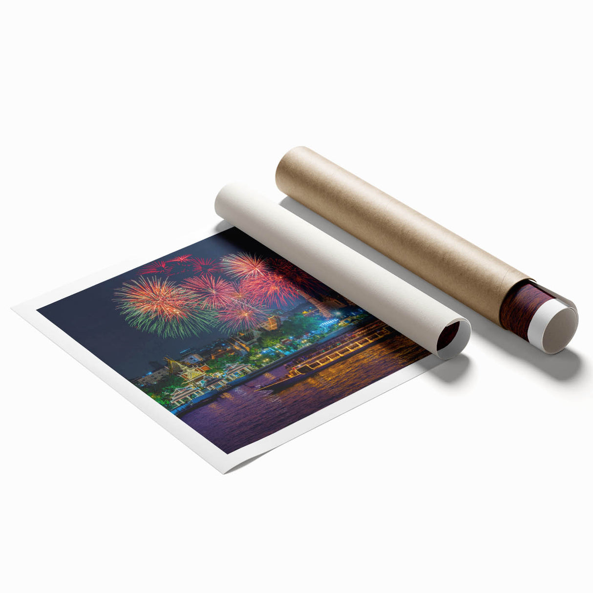 Extra large rolled print of Bangkok scenery with vibrant floral elements, ideal for classy bathroom wall art.