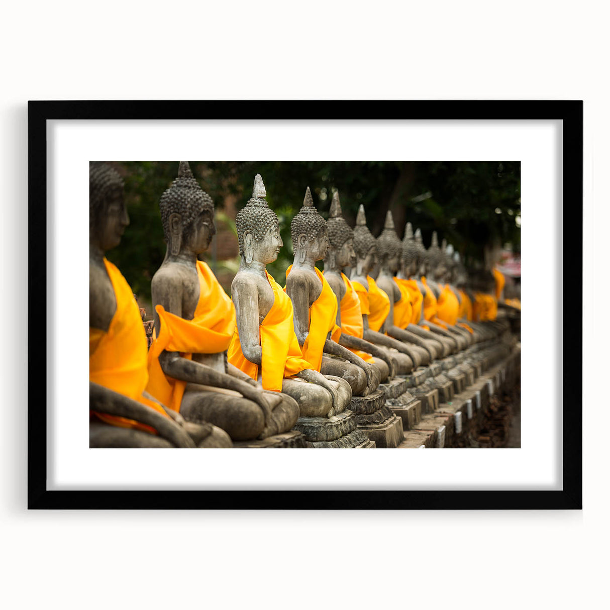 Colorful abstract art print of a vibrant Asian landscape on a textured canvas, framed in black.