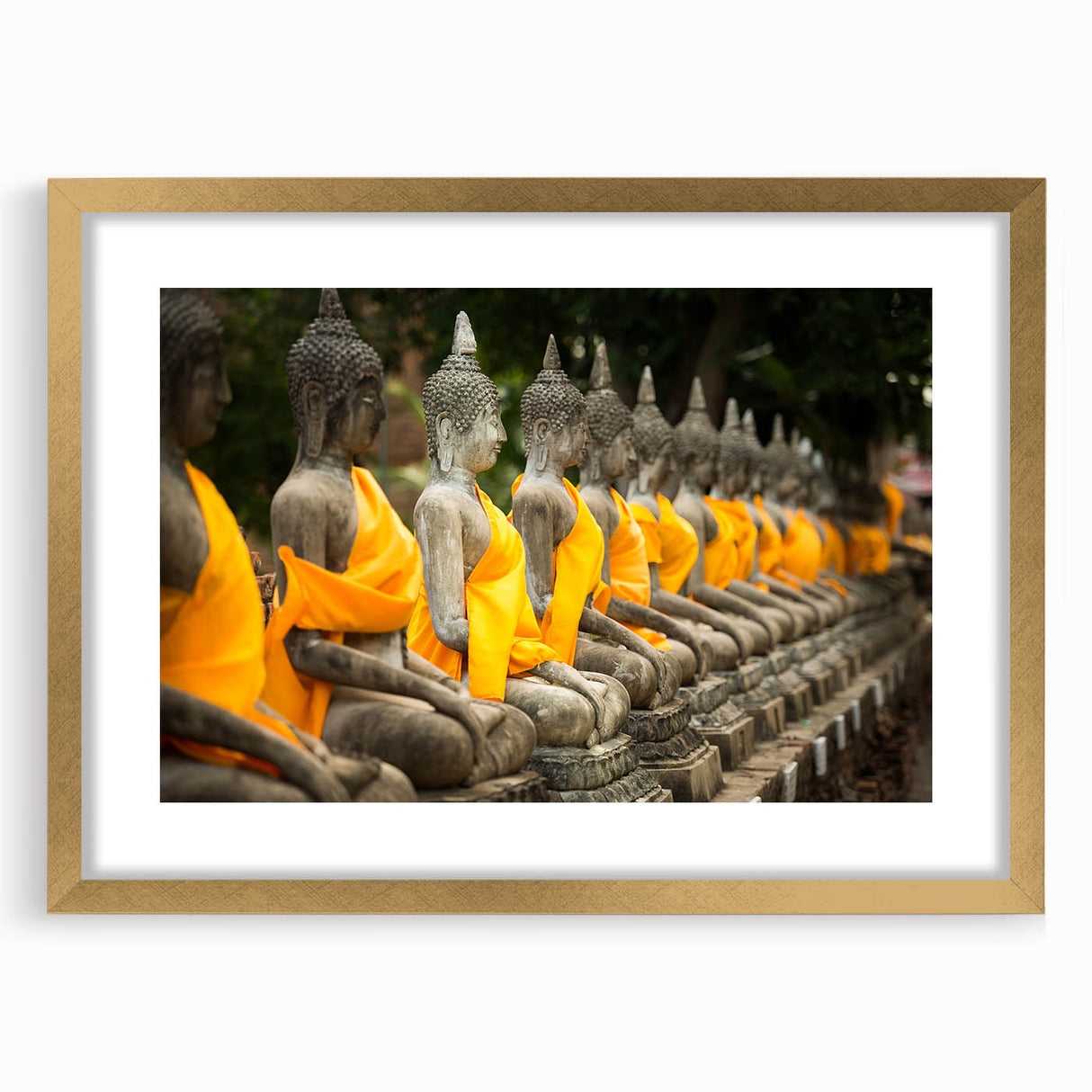 Extra large abstract art print of a textured Thai landscape in muted gold and earth tones, framed.