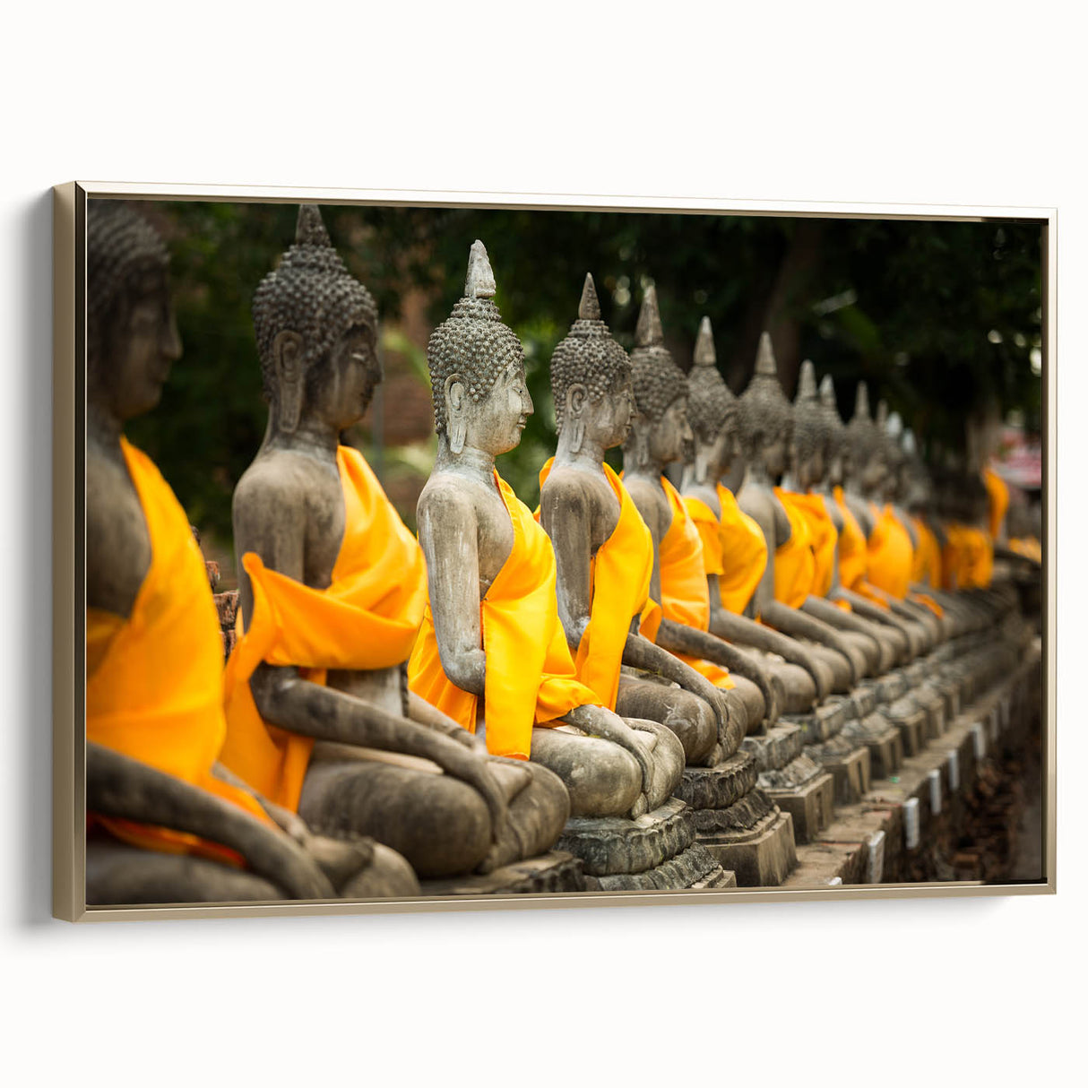 Framed canvas depicting a vintage-style Thai landscape in muted gold and black tones, ideal for bedroom wall art.