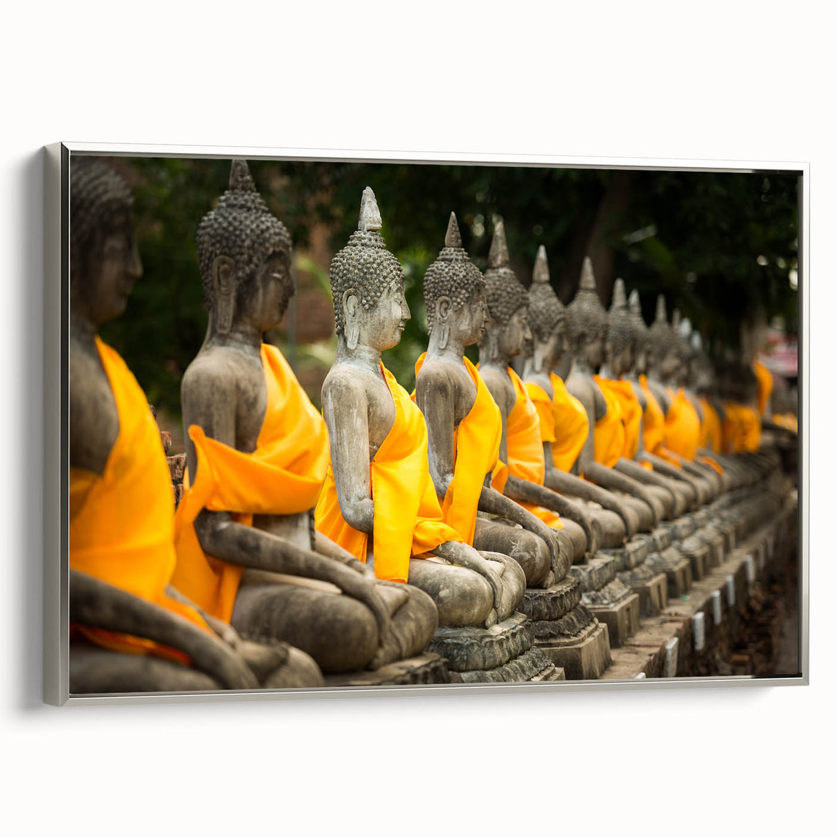 Framed canvas featuring a vintage-style landscape painting of a Thai scenery in vibrant colors.