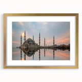 Extra large abstract art print of a textured Turkish landscape in muted earth tones, framed in gold.