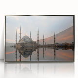 Mid-century modernist art depicting a serene Turkish landscape in soft earth tones on a framed acrylic panel.