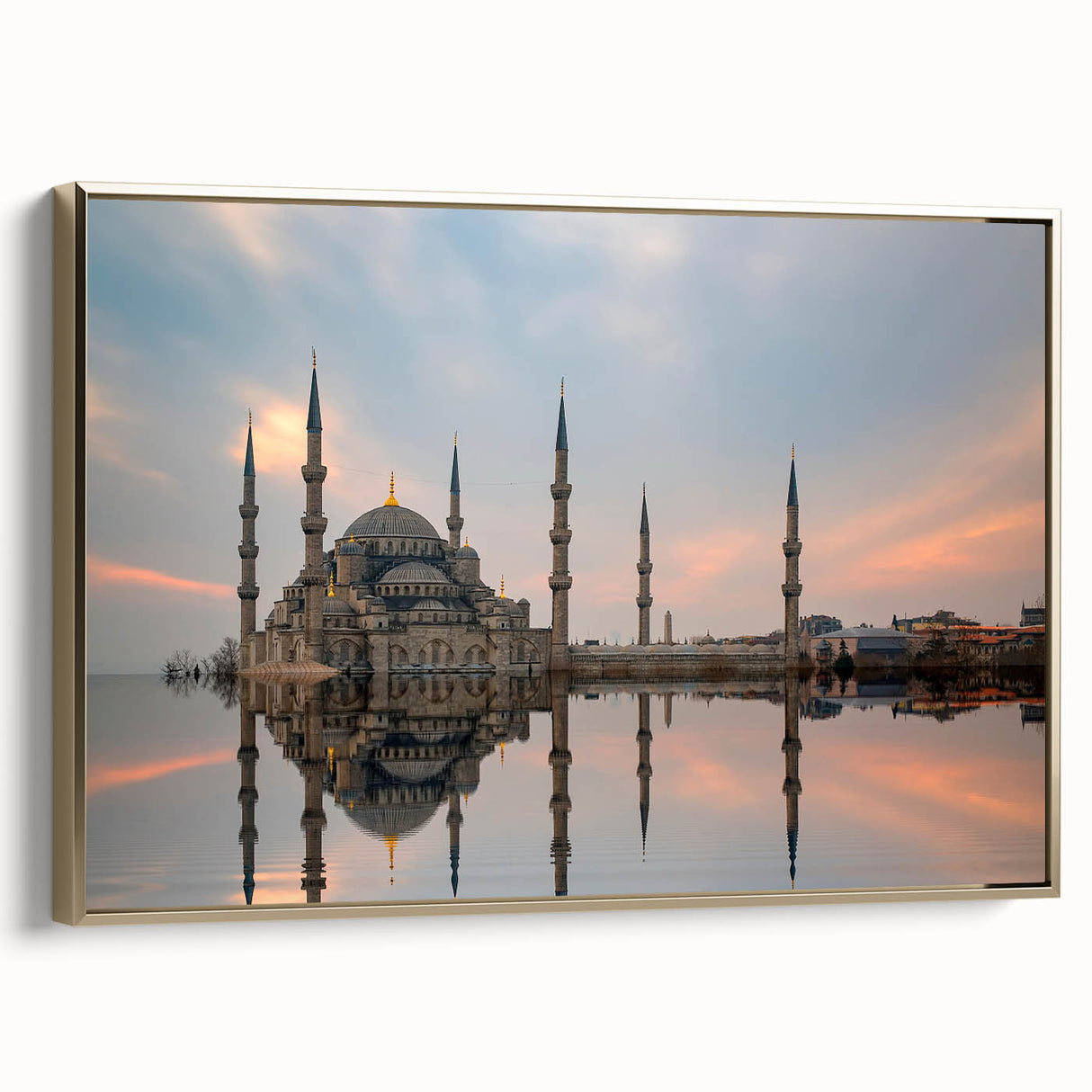 Framed canvas featuring a vintage-style landscape painting of a Turkish scenery in gold and black tones.
