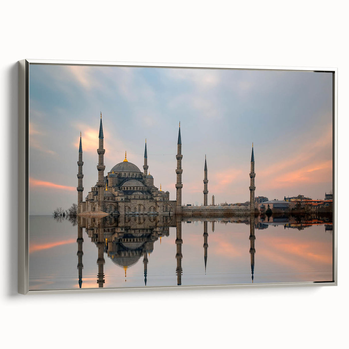 Framed canvas depicting a vintage-style landscape of a Turkish scenery in silver, black, and vibrant colors.