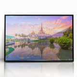 Large abstract wall art depicting a serene Vietnamese landscape in muted green and blue tones, framed in black acrylic.