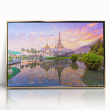 Large art print of a Vietnamese landscape, in muted green and gold tones on framed acrylic.