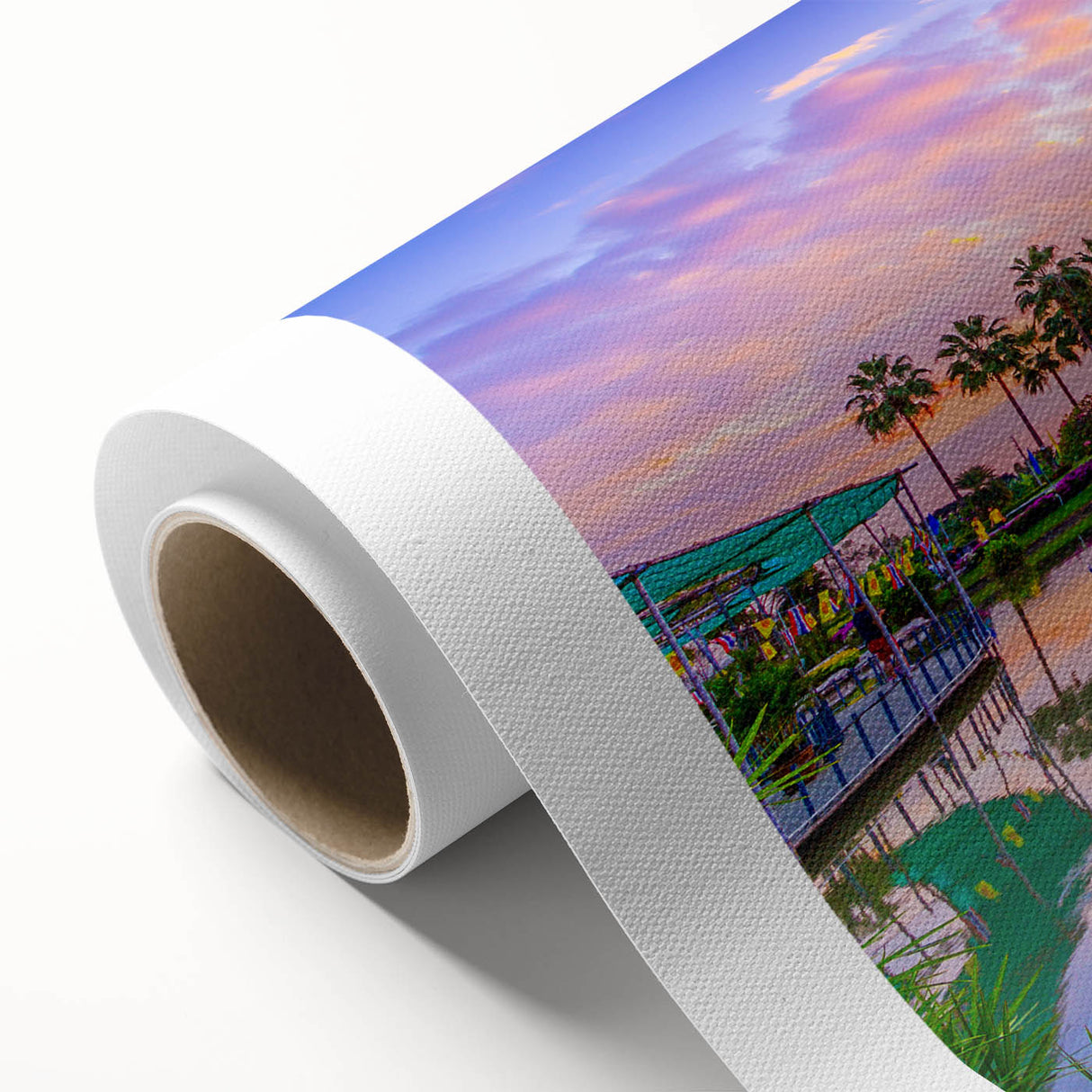 Art deco poster of a serene Vietnamese landscape in pastel shades, rolled canvas, ideal for nursery wall art.