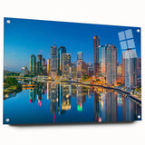 Acrylic print of a large abstract depiction of Brisbane, featuring vibrant blue and green tones.