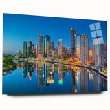 Large abstract wall art of Brisbane skyline in muted gray and blue tones on acrylic glass.