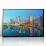 Large abstract wall art depicting the Brisbane skyline in muted gray tones on a framed acrylic.