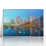 Framed acrylic print of Brisbane skyline with colorful sunset hues, ideal for modern art wall decor.