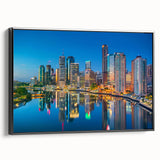 Black and white framed canvas featuring a vintage poster art style landscape of Brisbane, ideal for bedroom decor.