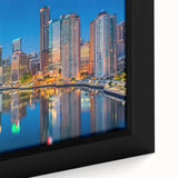 Extra large framed canvas featuring a textured depiction of the Brisbane skyline in black with colorful accents.