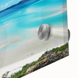 Large abstract depiction of the Great Barrier Reef in vibrant blues and greens on acrylic glass, ideal for dining room art.